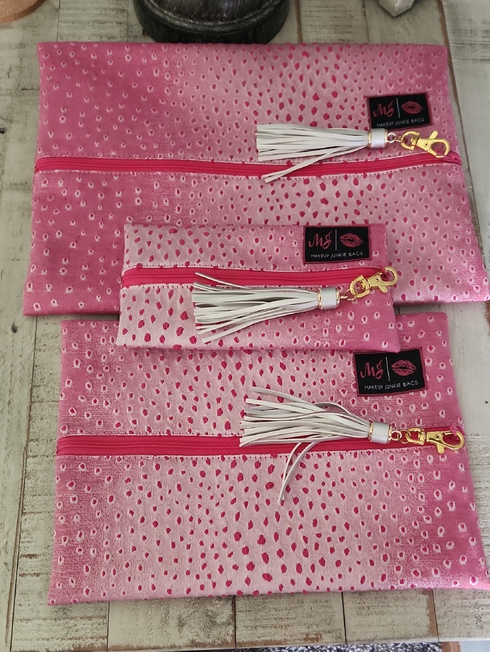 Makeup Junkie Bags Pink Cosmetic Pouch Trio with Tassel